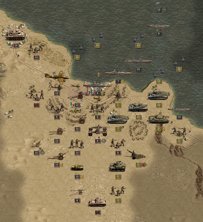 Heavy fighting at Tobruk. The strong Axis artillery and guns of the Italian battleships hold the British at bay. The German tank division is kept in reserve if the British would break through.