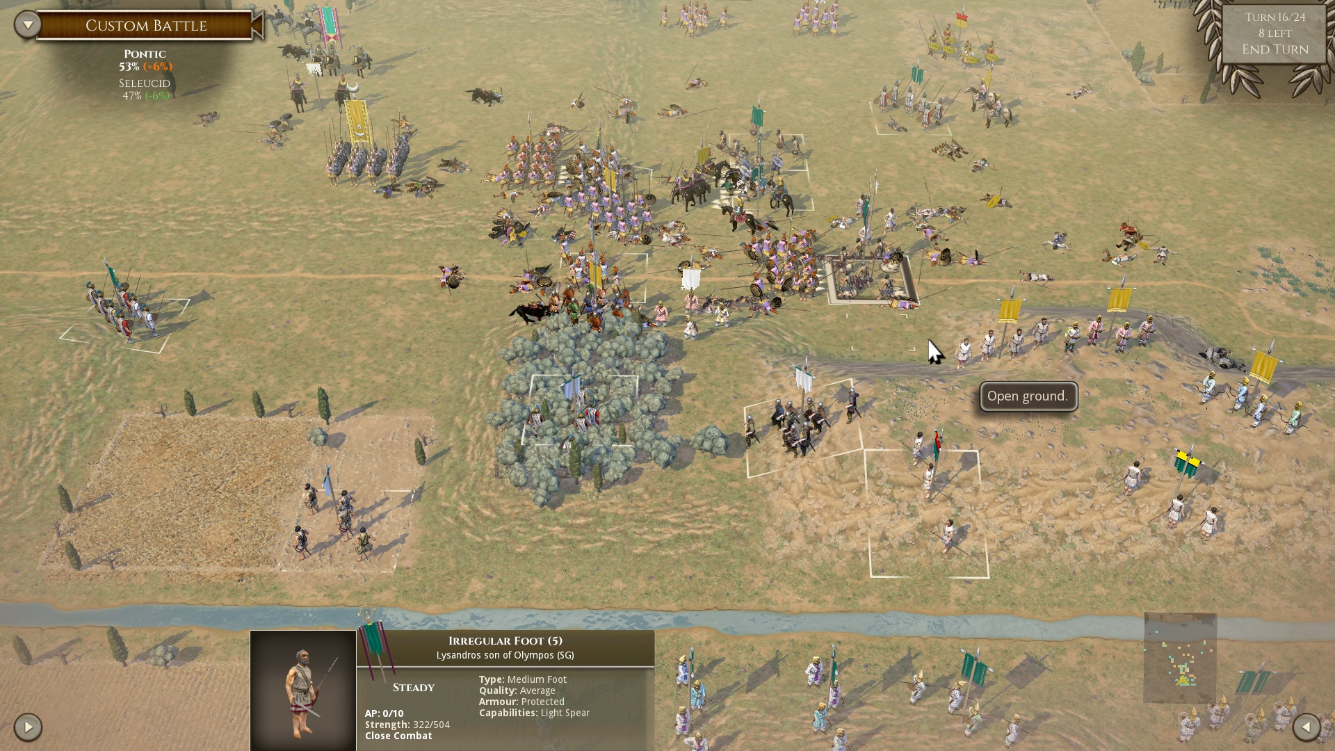 the battleground at the base of the hill, Seleucids are yellow but not running away!