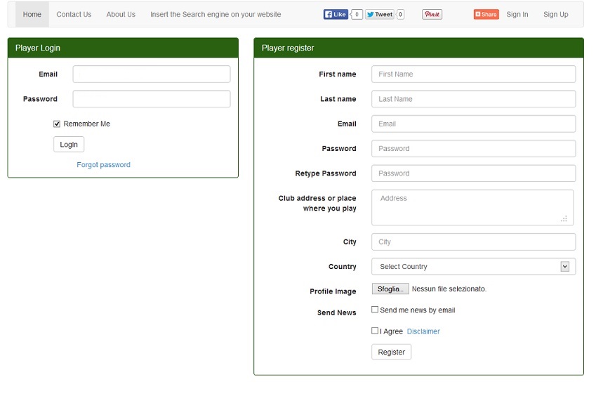 Pagina registrazione