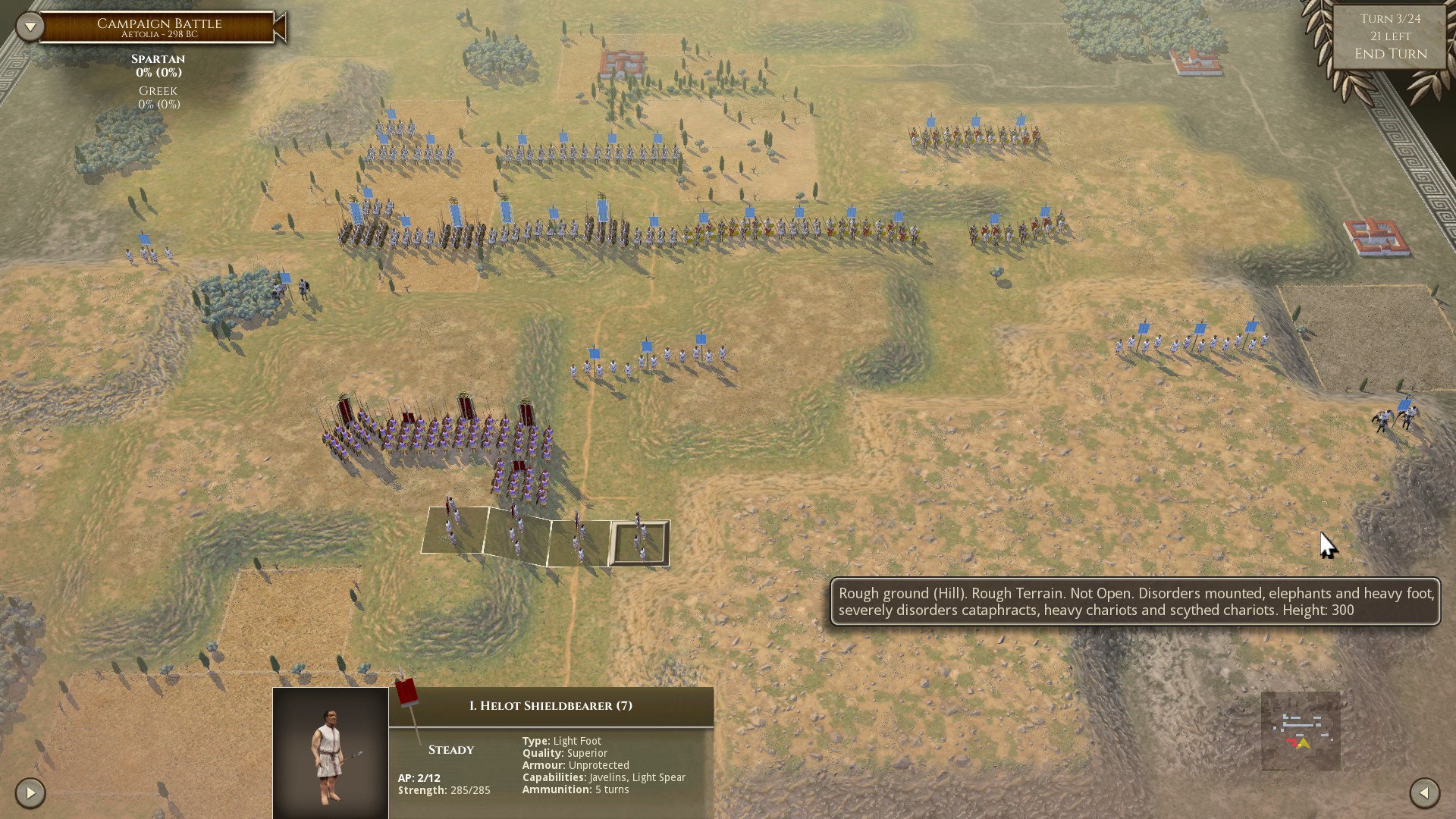 Spartans face an Aetolian army 3 times their size (7100 Vs 21000 as per FOG II and emerge victorious