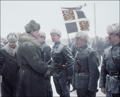 Field marshal Mannerheim greeting members of the Swedish Volunteer Battalion, Hanko, Finland 1941.png
